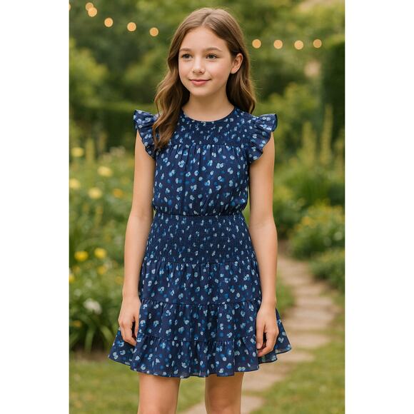 Aqua Girls’ Speckle Flutter Smocked Big Kid Dress, Navy Blue Floral - Size Large - Picture 1 of 11